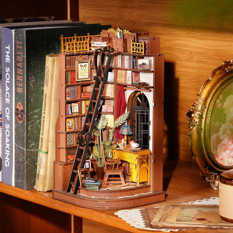 Dark Academia Book Nook Kit With LED Light 3 Hour Easy Build 3D Wooden Puzzle For Adults Beginner Friendly DIY Miniature Moody Study Nook Vibe Aesthetic Bookshelf Insert And Bookend installed on shelf