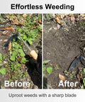 Before and after using 11 Inch Compact Japanese Weeding Sickle Nejiri Gama Hand Hoe for precise garden weed removal.
