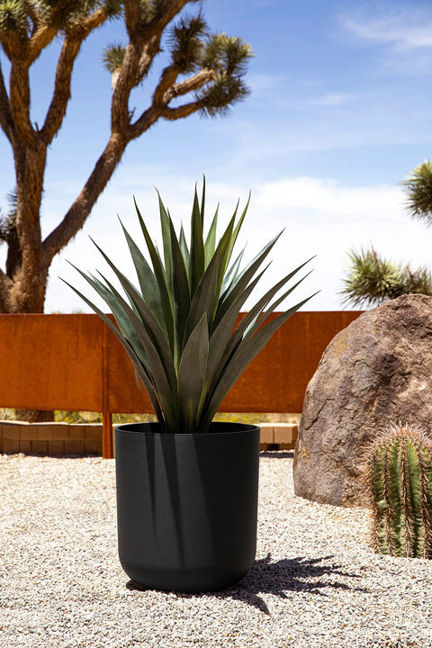 Round Black Plastic Planter Pots With Drainage Holes For Indoor Outdoor Use, Durable Plastic Stone Composite Planters, 20 Inches