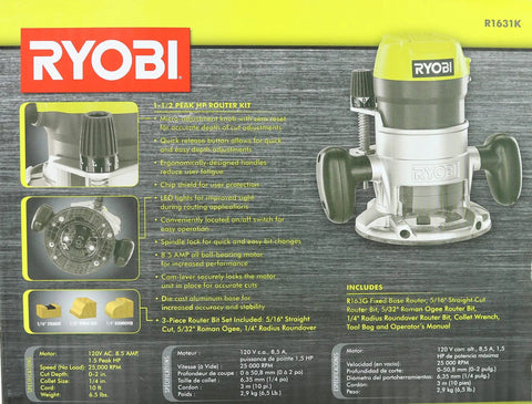 Eight Point Five Amp One And A Half Peak Horsepower Fixed Base Corded Router For Precision Woodworking And Cabinetry Durable Base Ideal For Trim And Dado Work R1631K packaging with features listed and image of the router.