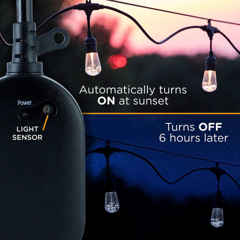 Single Plug In Outdoor Timer With Built In Light Sensor To Auto Trigger At Sunset And Switch Off After Six Hours, showing dusk timing features.