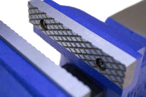 Close-up of Heavy Duty 6 Inch Bench Vise With Cast Iron Jaw, Powder Coated Blue Finish, Secure Grip Vise With 120 Degree Swivel Base.
