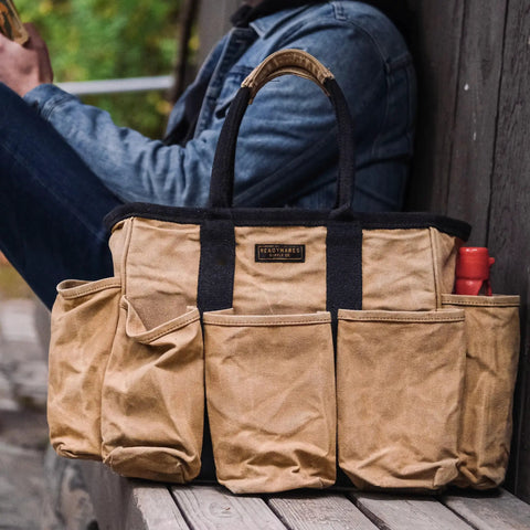 Waxed Canvas Tool Tote Bag for Tools Gardening Cleaning Supplies and Mobile Bar Durable 14 Inch Grab And Go Utility Organizer with Heavy Duty Handles Versatile Storage Tote with Pockets in tan and black