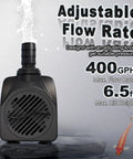 Quiet 25W Submersible Water Pump With 10 Foot Power Cord And 400GPH Flow, Tubing Included, shown with flow rate details