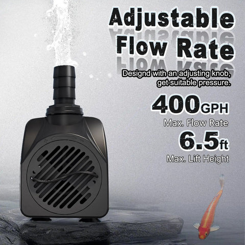 Quiet 25W Submersible Water Pump With 10 Foot Power Cord And 400GPH Flow, Tubing Included, shown with flow rate details