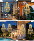 Outdoor Solar Crystal Pendant Lantern Chandelier hanging in various settings including window, gazebo, yard, and poolside.