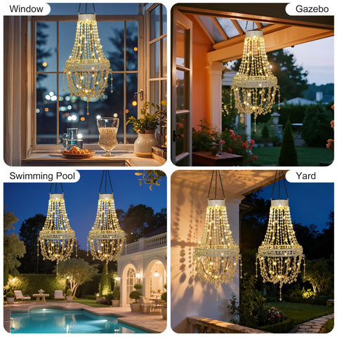 Outdoor Solar Crystal Pendant Lantern Chandelier hanging in various settings including window, gazebo, yard, and poolside.