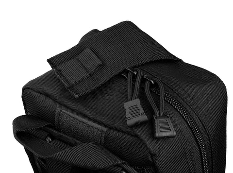 Close-up of Scherber Premium IFAK Kit Trauma Pack, black MOLLE pouch with dual zipper pulls