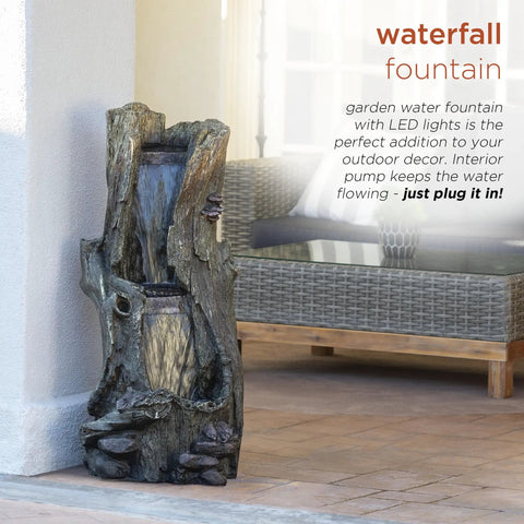 Outdoor Rainforest Waterfall Tree Trunk Floor Fountain With Led Lights, Tiered Garden Decor, 41 Inch Tall, installed on a patio