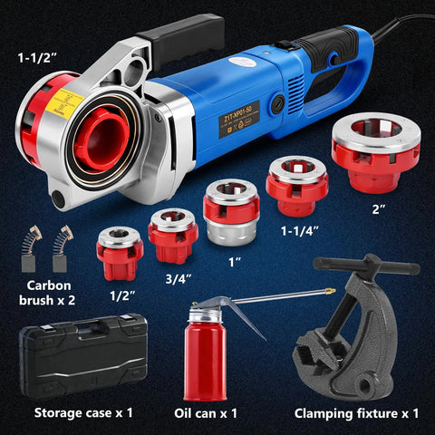 High Power 2300W Electric Pipe Threader With Six Dies For Galvanized Iron Pipe, featuring various die sizes and accessories.