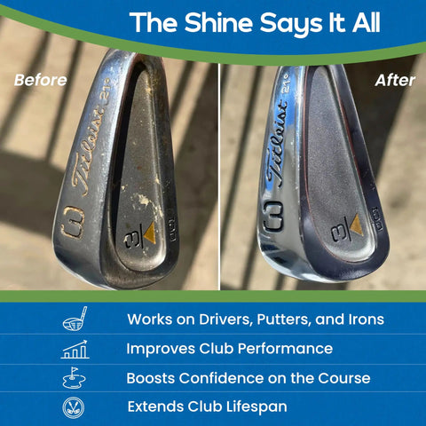 Complete Golf Club Care Kit Clean, Polish, And Restore Irons, Drivers, And Putters With Scratch, Scuff, And Rust Remover, Grip Cleaner, Club Cleaner, And Polish For A Fresh Shine And Way Better Grip. Before and after Titleist 21° iron head