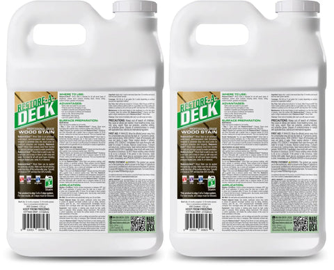 Heavy Duty Semi Transparent Wood Stain For Decks Fences And Exterior Boards Featuring A Slick Deep Penetrating Mix That Knocks Out The Wear And Leaves A Top Shelf No Hassle Shine On Cottage Gray Timber Five Gallon Pack in white containers showing product details.