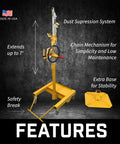 Hella Smooth Overhead Drill Press For Concrete With Seven Foot Reach showing dust suppression, extension features, and safety mechanisms.