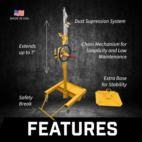 Hella Smooth Overhead Drill Press For Concrete With Seven Foot Reach showing dust suppression, extension features, and safety mechanisms.