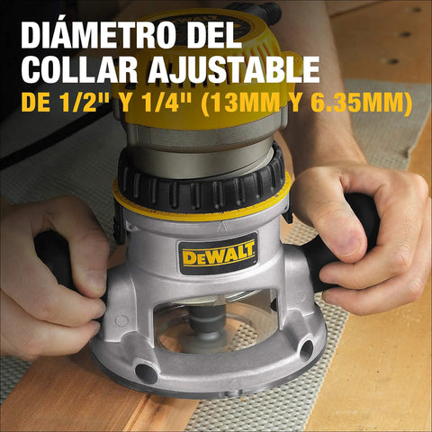 Man using Fixed Base Router With 1-3/4 HP 11 Amp Motor, Micro Fine Depth Ring for precise routing on hardwood surface.