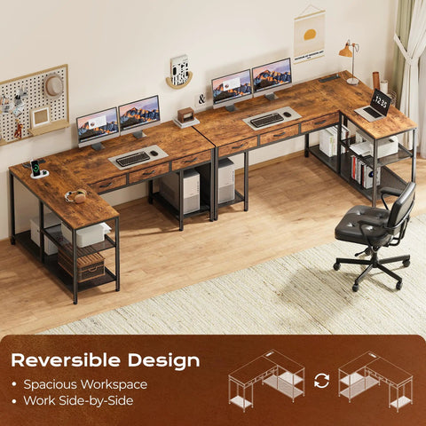 55 Inch L Shaped Desk With Power Outlets, USB Port And Type C Port, computer setup with fabric drawers and mesh shelves in rustic brown