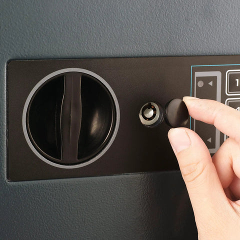 Close-up of a hand operating the LED keypad and lock on a Digital Drop Safe Money Drop Box With Front Deposit Slot, Steel Security Safe.