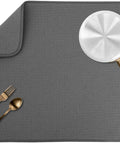 Top Shelf Microfiber Dish Drying Mat Extra Large 18 X 24 Inch Countertop Pad with cookware and utensils, sleek charcoal grey.