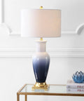 Dip Dye Ceramic Table Lamp, 31.5 Inch Height, White Navy Blue Gradient, Room-Ready Living Room or Bedroom Light on brass pedestal