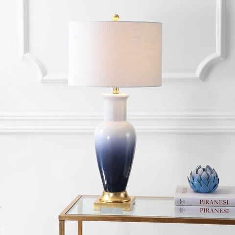 Dip Dye Ceramic Table Lamp, 31.5 Inch Height, White Navy Blue Gradient, Room-Ready Living Room or Bedroom Light on brass pedestal