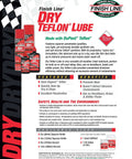 Finish Line Dry Teflon Lube product display showing bottles and boxes with Teflon logo and product features listed.