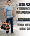 Man holding 64 Pocket Bucket Tool Organizer Caddy For 5 Gallon Buckets With Beefy 600D Canvas Liner Insert Built For Construction Job Sites Garden And Carpentry Tool Storage in workshop.