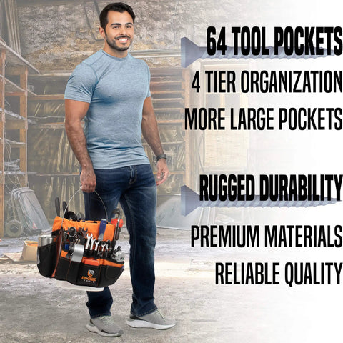 Man holding 64 Pocket Bucket Tool Organizer Caddy For 5 Gallon Buckets With Beefy 600D Canvas Liner Insert Built For Construction Job Sites Garden And Carpentry Tool Storage in workshop.