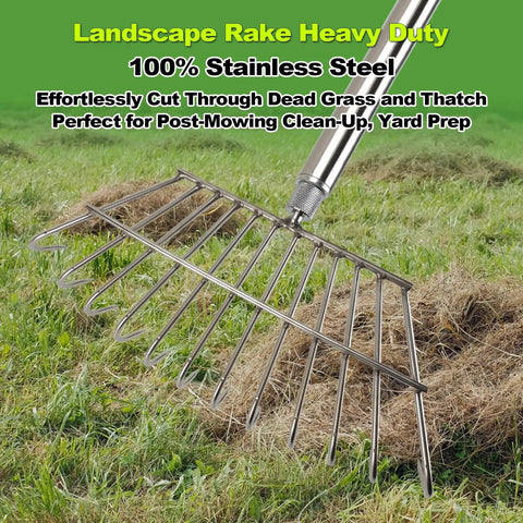 Heavy Duty Stainless Steel Lawn Rake With Extended Handle For Leaves Debris Thatch Dethatcher And Weed Removal In Gardens And Lawns Pro Grade Rake For Yard Landscaping And Camping Use