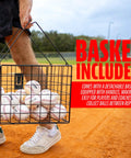 All In One Baseball And Softball Training Aid With Spring Loaded Ball Launcher For Batting And Grounders Battery Free Pitching Machine For Backyard Practice And Batting Cage Sessions featuring basket with baseballs on a field