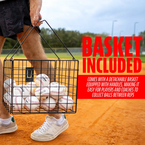 All In One Baseball And Softball Training Aid With Spring Loaded Ball Launcher For Batting And Grounders Battery Free Pitching Machine For Backyard Practice And Batting Cage Sessions featuring basket with baseballs on a field
