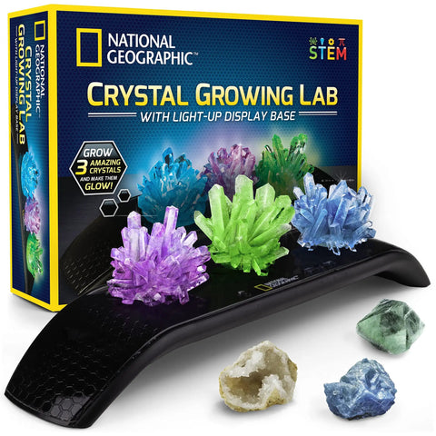 Awesome Crystal Growing Kit For Kids With Light Up Display Stand Grow Three Vibrant Crystals In Blue Purple And Green STEM Science Toy For Ages 8 To 12 Includes Gems Cool Gift For Curious Girls And Boys, featuring three colored crystals and a display stand with packaging.