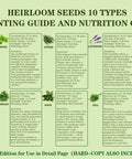 Heirloom seeds planting guide with 10 herb types, including chamomile, basil, thyme, shown for 10 Herb Seeds Garden Starter Kit.