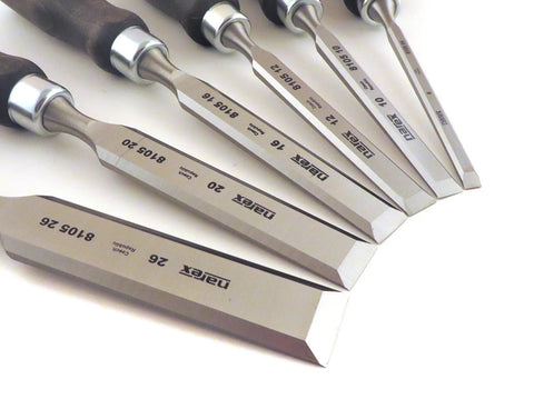 Heavy Duty 6 Piece Woodworking Chisel Set Featuring Tough Chrome Manganese Steel Blades and Razor Sharp 25 Degree Bevels.