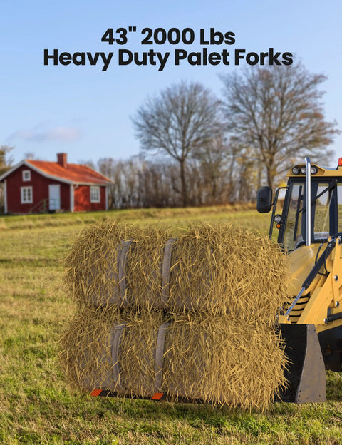 43 Inch Heavy Duty Clamp On Pallet Forks With Adjustable Stabilizer Bar For Tractor Bucket Loader Skid Steer lifting hay bales.