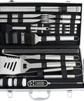 Open case showing 28 Piece Kickass BBQ Tool Set With Thermometer In Heavy Duty Stainless Steel Case The Ultimate Outdoor Grilling Kit