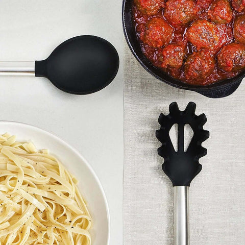 Ultimate 33-Piece Silicone And Stainless Steel Utensil Set ladle and pasta server with food