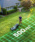 Person using Powerful Cordless Lawn Mower With 17 Inch Deck Walk Behind Electric 4.0 Ah Battery Powered 6 Adjustable Heights