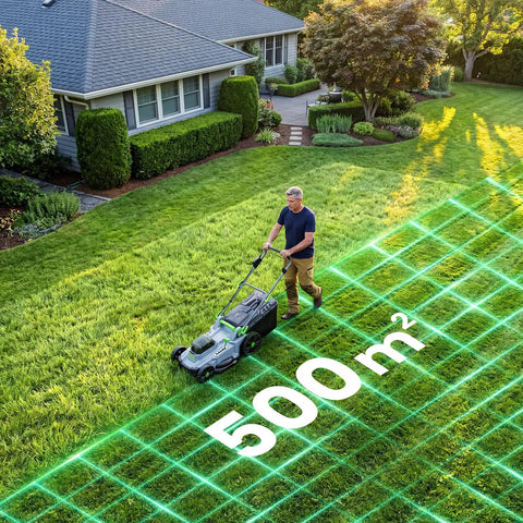 Person using Powerful Cordless Lawn Mower With 17 Inch Deck Walk Behind Electric 4.0 Ah Battery Powered 6 Adjustable Heights