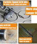 10 Piece Quarter Inch Pilot Drill Bit Set For Hole Saw Arbor High Speed Steel And Carbide Tipped Heavy Duty Multi Material Bits Crushes Hard Tasks Like A Champ showing carbide tipped and twist drill bits on work surfaces.