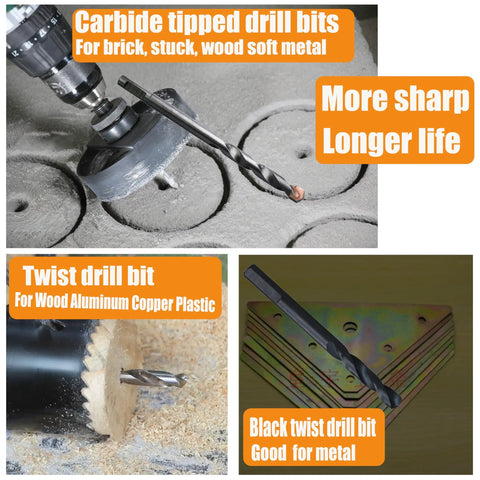 10 Piece Quarter Inch Pilot Drill Bit Set For Hole Saw Arbor High Speed Steel And Carbide Tipped Heavy Duty Multi Material Bits Crushes Hard Tasks Like A Champ showing carbide tipped and twist drill bits on work surfaces.