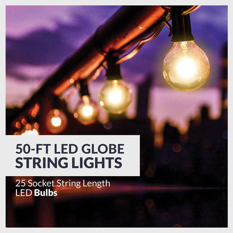 Close-up of glowing outdoor LED bulbs on a string, blurred cityscape in background, warm ambiance lighting at dusk.