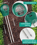3 In 1 Soil Moisture Light And pH Tester Battery Free Gardening Tool with clear window and probes on grass background