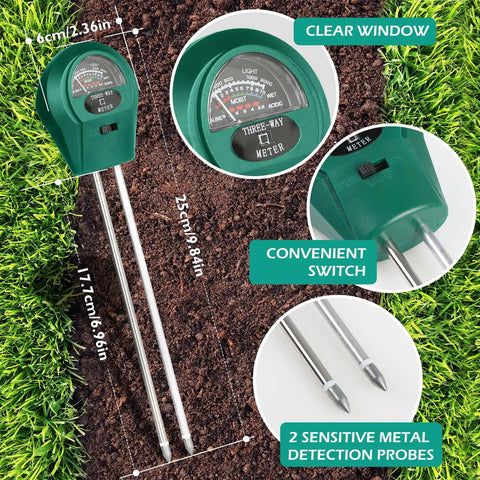 3 In 1 Soil Moisture Light And pH Tester Battery Free Gardening Tool with clear window and probes on grass background