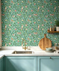 Hassle Free Peel And Stick Wallpaper Featuring Vintage Botanical Bird Graphics And Teal Green Pomegranate Vibes For Smooth Cabinet Wraps And Prepasted Removable Vinyl Rolls in a kitchen setting.