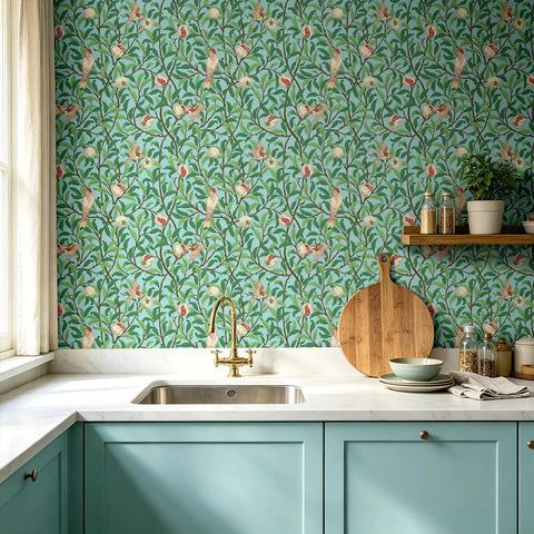 Hassle Free Peel And Stick Wallpaper Featuring Vintage Botanical Bird Graphics And Teal Green Pomegranate Vibes For Smooth Cabinet Wraps And Prepasted Removable Vinyl Rolls in a kitchen setting.