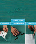 Teal Green Grasscloth Peel And Stick Wallpaper For Walls Self Adhesive Textured Linen Vinyl Covering Waterproof Faux Grasscloth For Home Decor Makes A Boss Wave In Your Space Large 30 By 236 Inches showing waterproof feature, self-adhesive application, and easy cutting.