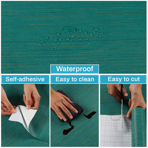 Teal Green Grasscloth Peel And Stick Wallpaper For Walls Self Adhesive Textured Linen Vinyl Covering Waterproof Faux Grasscloth For Home Decor Makes A Boss Wave In Your Space Large 30 By 236 Inches showing waterproof feature, self-adhesive application, and easy cutting.