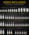 Chart showing Torx Bit Socket Set and External Star Socket Set, 60-Piece, 1/4 3/8 1/2 Inch Drive sizes, S2 Alloy Steel and Chrome Vanadium.
