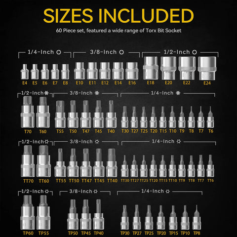 Chart showing Torx Bit Socket Set and External Star Socket Set, 60-Piece, 1/4 3/8 1/2 Inch Drive sizes, S2 Alloy Steel and Chrome Vanadium.