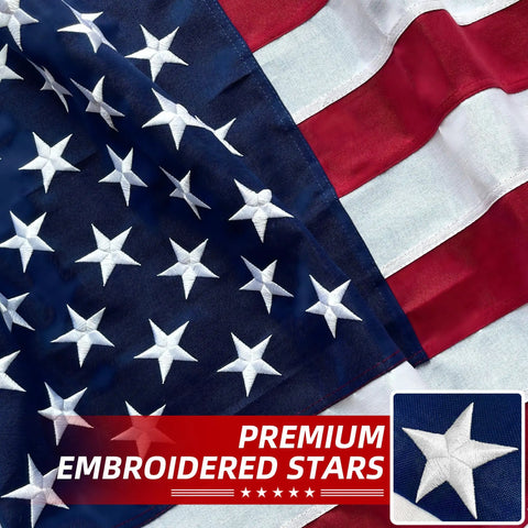 Durable Outdoor American Flag 3x5 Ft Tearproof Heavy Duty Spun Polyester With Fade Resistant Color, close-up on embroidered stars